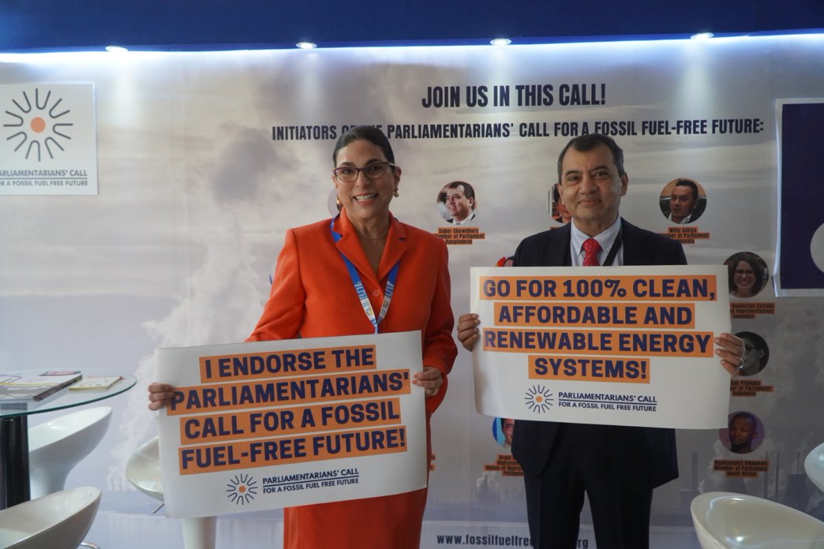 parlfossilfree's tweet photo. Hon. @saberhc and Hon. @MarcelaGuerraNL at the @mpsfossilfree booth, inviting all #MPs to sign on to the Parliamentarians' Call for a Fossil-Free Future at the #IPU44. Come to our booth and sign our Call 👉 https://t.co/LIoXeshBJS https://t.co/4JWedzzNBd