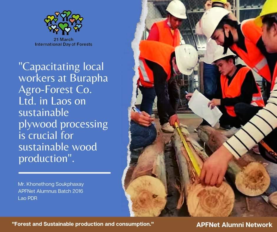 ApfnetAlumni's tweet photo. Happy 2022 International Days of Forests 🌳🌳!
Mr. Khone Soukphaxay, our Alumnus batch 2016, who works as a lecturer assistant and researcher at the National University of Laos, shares his viewpoints during his contribution to sustainable wood production. https://t.co/X8O9l7th9H