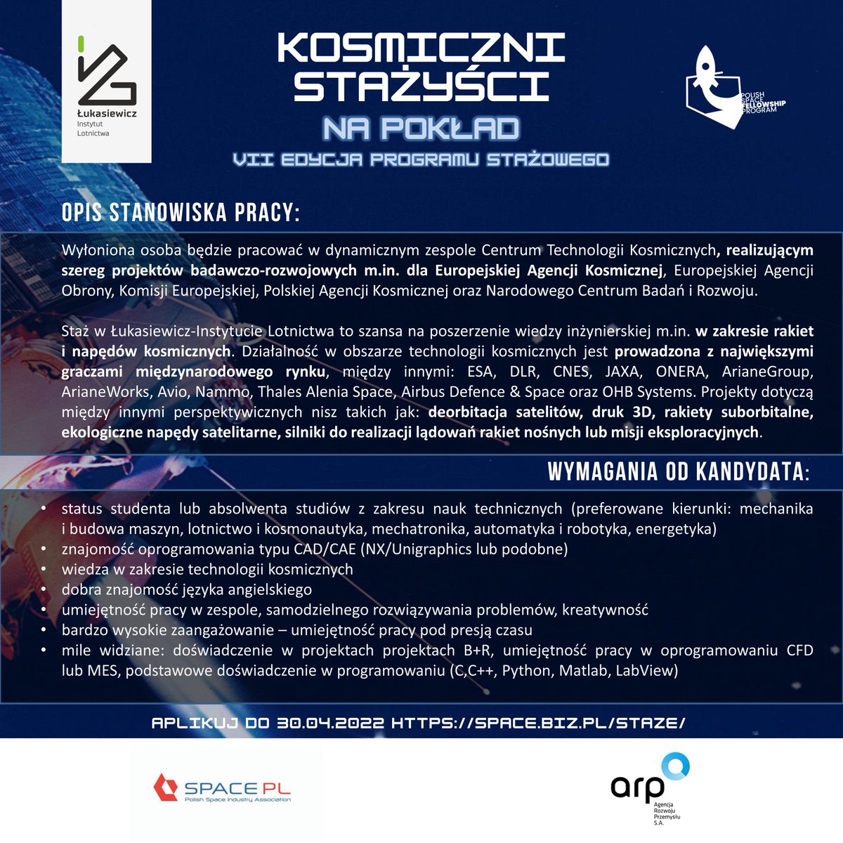 AviationPoland's tweet photo. ❗ Ruszył nabór do #PolishSpaceFellowshipProgram
👉 Zapraszamy absolwentów studiów technicznych oraz młodych naukowców do aplikowania do nas!
🚀 Staż w Instytucie to szansa na poszerzenie wiedzy inżynierskiej https://t.co/CF9brwR7dk. w zakresie rakiet i napędów kosmicznych. https://t.co/ACOwI0as9O