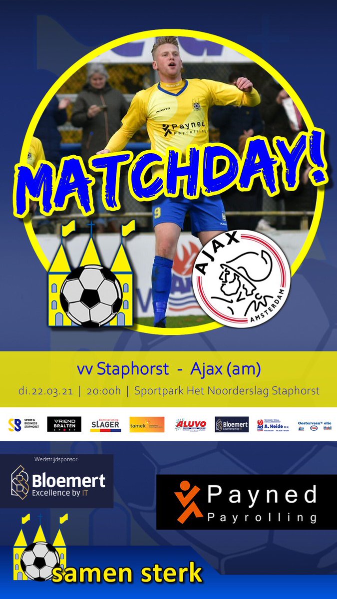 vvstaphorst's tweet photo. 💛💙 🅜🅐🅣🅒🅗🅓🅐🅨!
Vanavond kom de amateurs van @afcajax op bezoek.
De wedstrijd op Het Noorderslag begint om 20:00u.
𝑻𝒐𝒕 𝒗𝒂𝒏𝒂𝒗𝒐𝒏𝒅
⚽️ vv Staphorst - Ajax (amateurs)
🏆 3e Divisie A.
🕝 Aanvang 𝟮𝟬:𝟬𝟬𝗵
🏟 Sportpark Het Noorderslag
📲 #staaja https://t.co/varrxI2uQ4