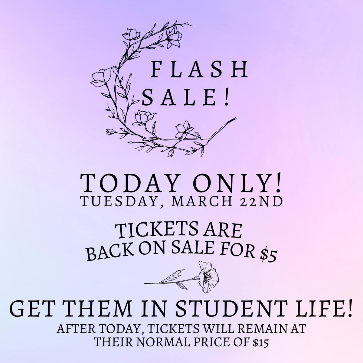 lifefpu's tweet photo. If you missed out on discounted ticket sales last week, we've got you covered! 🤩
‼️TODAY ONLY‼️ We are dropping the price of our tickets back down to $5
Come by Student Life anytime from 9-5 to get your ticket! After today, tickets will remain at their normal cost of $15!! https://t.co/soB9G8PSXC