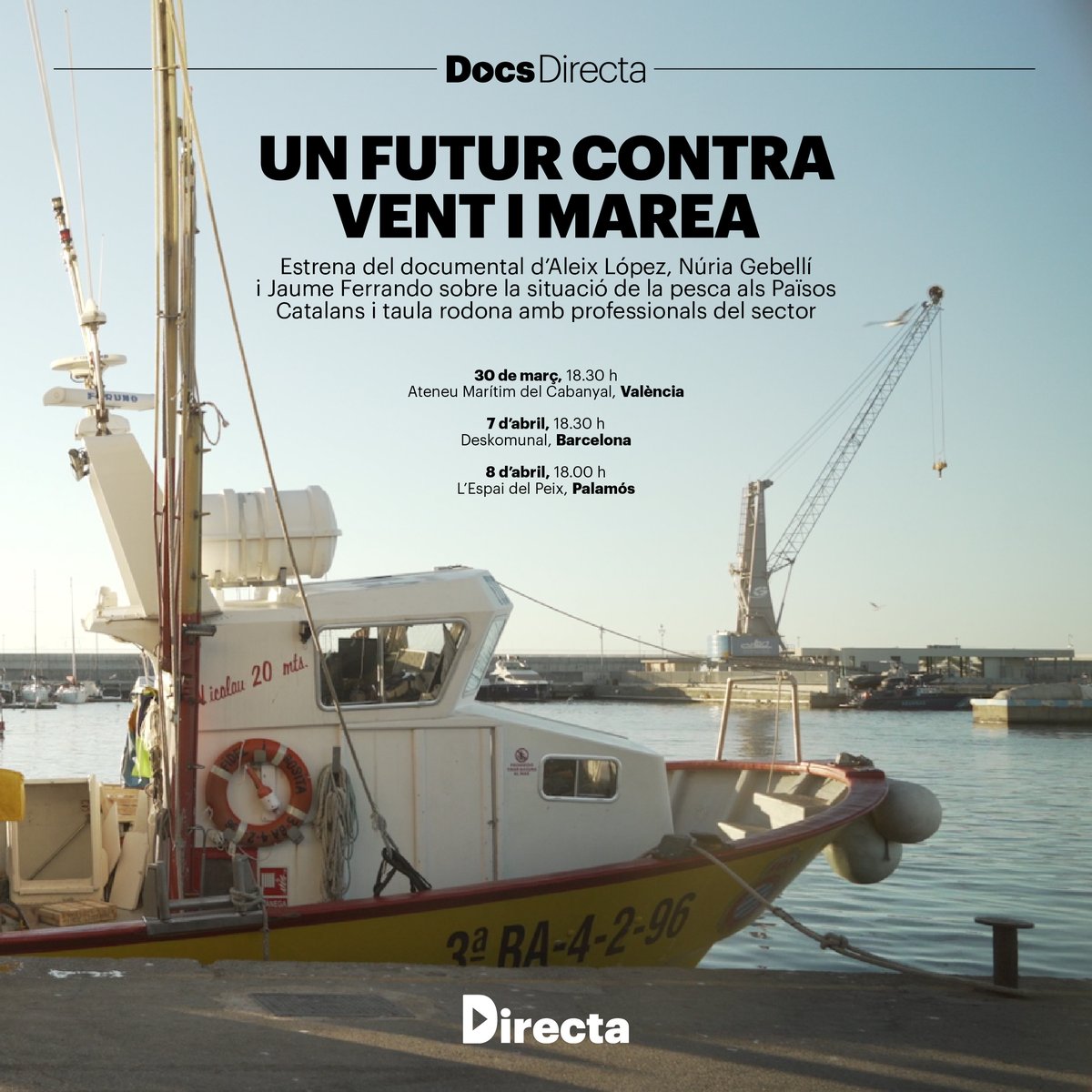 <a href="/ngebelli/">N ú r i a</a> <a href="/aleeix91/">Aleix López Simón</a> Estrenem el #DocsDirecta 'Un futur contra vent i marea' a #València, #Barcelona i #Palamós acompanyades de professionals del sector de la pesca directa.cat/estrena-del-do…

🗓️ 30 de març, 7 d'abril i 8 d'abril
📌 Ateneu Marítim del Cabanyal, <a href="/deskomunalcoop/">La Deskomunal</a> i @MuseudelaPesca