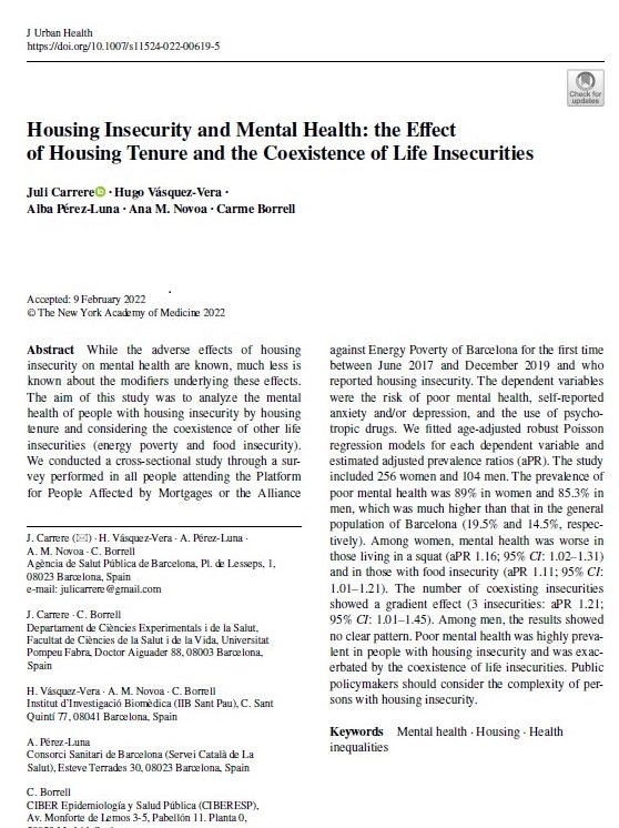 La #InsegueretatResidencial sol coexistir amb la #pobresaenergètica i la #inseguretatalimentaria. En el nostre darrer article, fet en col·laboració amb <a href="/LA_PAH/">Plataforma de Afectadas por la Hipoteca</a>, l'<a href="/APE_Cat/">Aliança contra la Pobresa Energètica</a>, <a href="/ESFCatalunya/">Assoc. Internac. d'Enginyeria Sense Fronteres -ESF</a> i l'@ObservaDESC, us expliquem com afecta la salut mental. doi.org/10.1007/s11524…