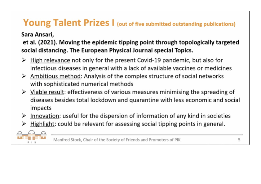 pik_copan's tweet photo. @pik_copan's team is being recognized. Sara Ansari received PIK's young talent prize for a paper on models of governing #complexcontagion by topologically targeted social distancing. https://t.co/yxo0kMf72s