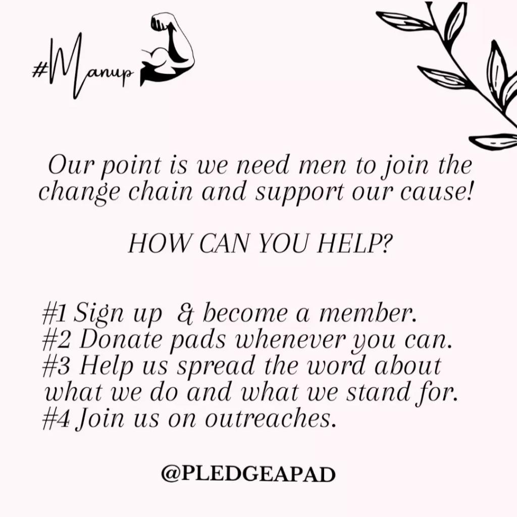PledgeAPadSA's tweet photo. 💕
Unite for change with Pledge A Pad ✨
.
Comment "💪" if you're ready to man up and make a difference 🔥 &amp; THANK YOU for those of you who already joined the change chain, we really appreciate you!!!👏👏👏
.
 #pledgeapad  #manup #uniteforchange #makeadiffrence https://t.co/Wq9l37GSix