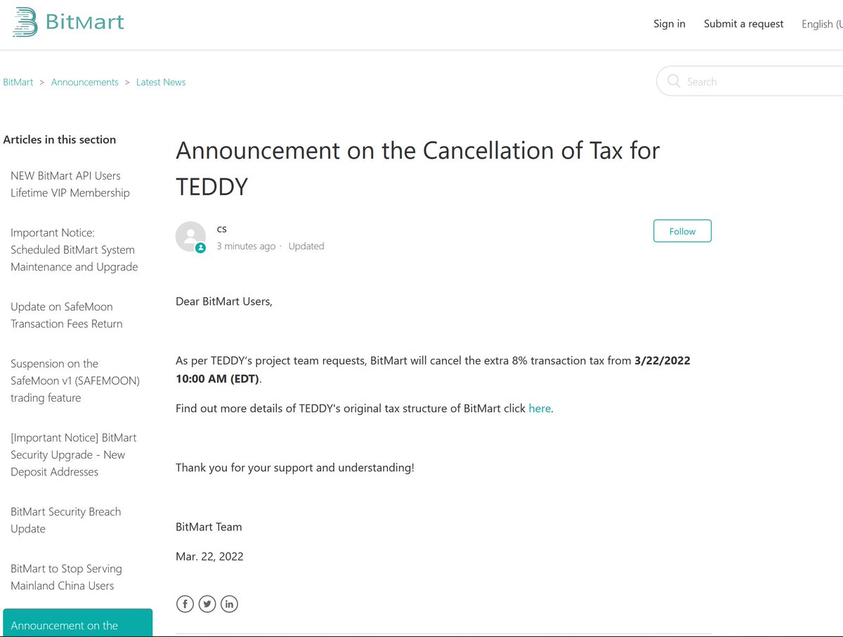 DRAC_Network's tweet photo. As per TEDDY‘s project team requests, BitMart will cancel the extra 8% transaction tax from 3/22/2022 10:00 AM (EDT). https://t.co/KCIxzgqmHy