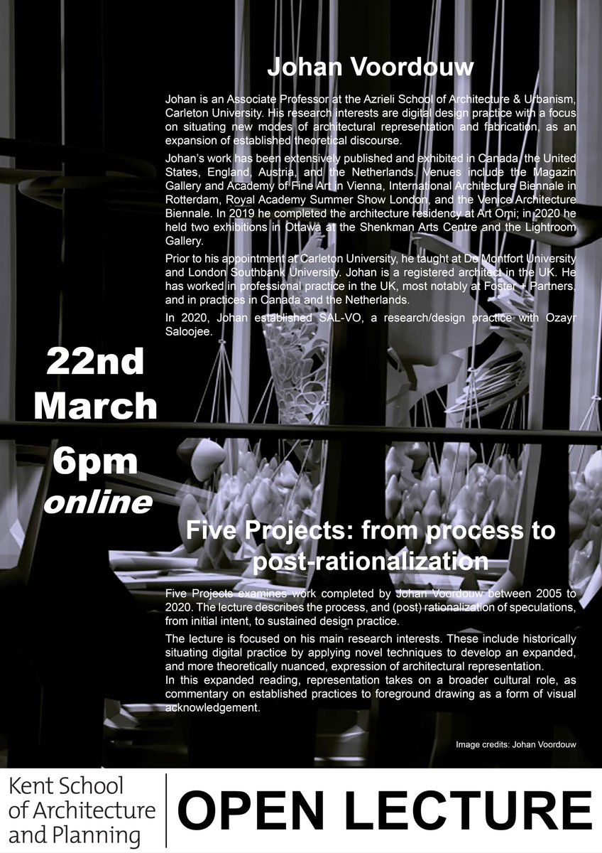 Johan Voordouw is our last speaker for <a href="/DARC_KSAP/">DARC</a> guest lecture series <a href="/KentArch/">Kent School of Architecture and Planning</a> THIS EVENING at 6pm.