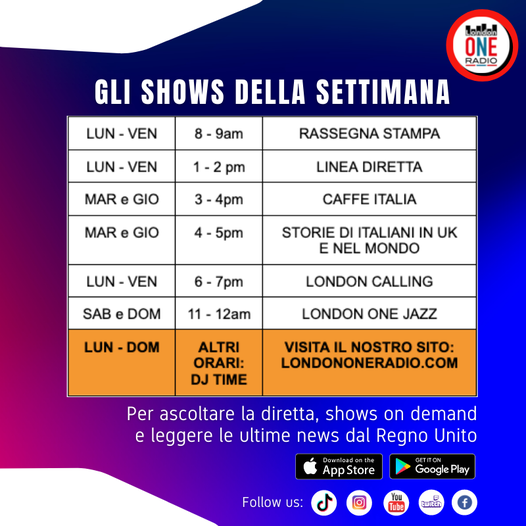 LondonOneRadio's tweet photo. Parte del nostro palinsesto 24/7 #StayTuned guarda qui per gli altri show https://t.co/41vCnEKsKK
#radio #londra #palinsesto #news #radioitaliana
@ItalyinUK @ItalyinLDN https://t.co/0LwEgAhdAn