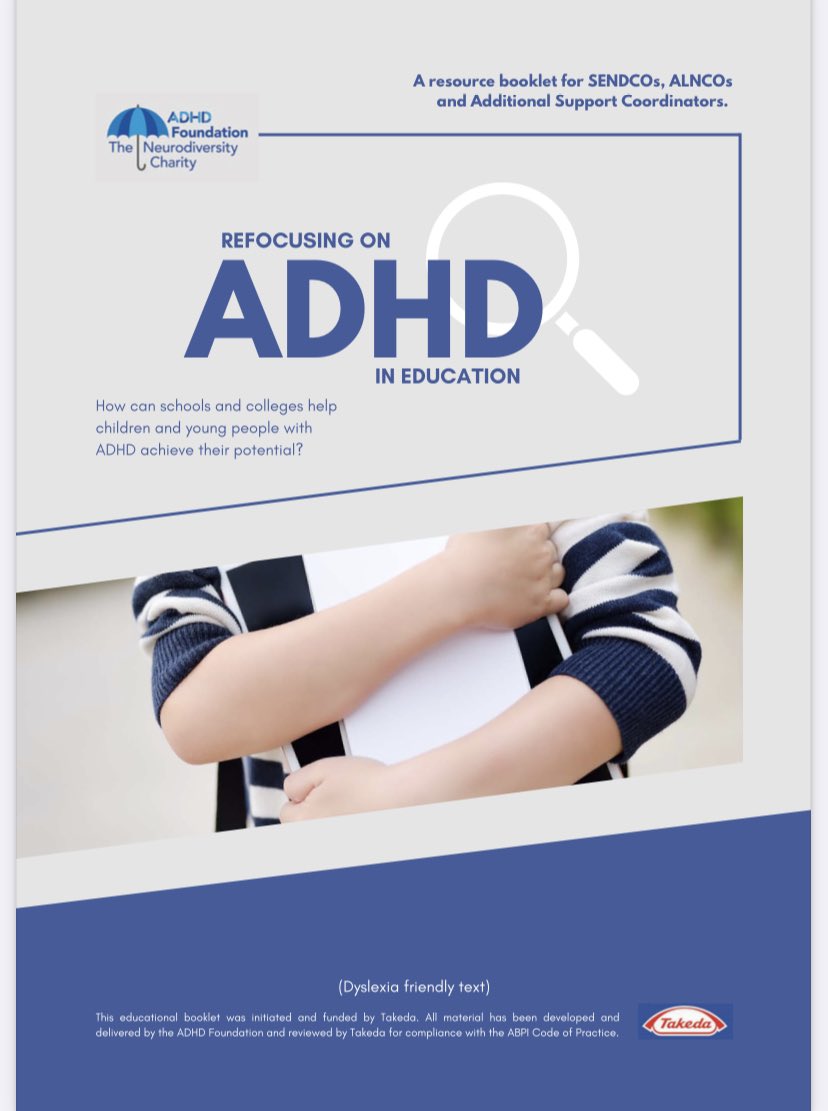 NeurodiversityT's tweet photo. Free Booklet for Teachers ‘Refocussing on ADHD’ - How to adapt Teaching &amp; Learning to raise attainment for Neurodiverse learners with ADHD. With thanks to Takeda for your collaboration in making this freely available ☂️ https://t.co/tjISyUycNb    @educationgovuk @TeachSchCouncil https://t.co/kO1oTHTK6c
