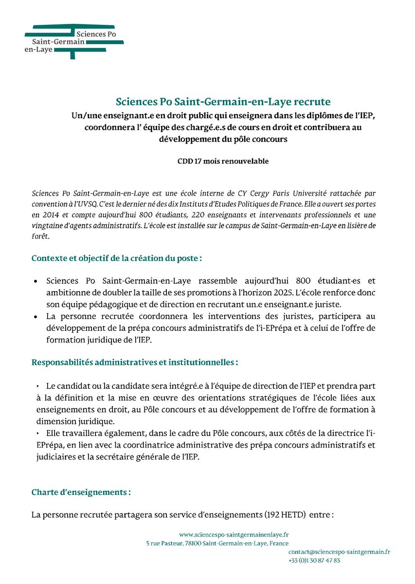 SciencesPoSGL's tweet photo. #recrutement | @SciencesPoSGL recrute 1 enseignant(e) en #droitpublic qui enseignera dans les diplômes de l’IEP, coordonnera l’équipe des chargé(e)s de cours en droit &amp; contribuera au développement du pôle concours.
🔴Pour nous rejoindre, postulez ici 👇
https://t.co/ol5zLKDIAG https://t.co/br2pquPxny
