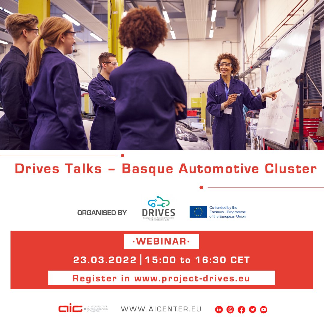 arcarricoba's tweet photo. WORKSHOP: Development and Research on Innovative Vocational Educational Skills (DRIVES) Talks - Basque Automotive Cluster

🗓️ 23rd March 2022 at 15h (CET)

📌 Sign up: https://t.co/LRNrwaDvVH

#BepartofAIC #TeamAIC #Automotive https://t.co/hfjmamUMit