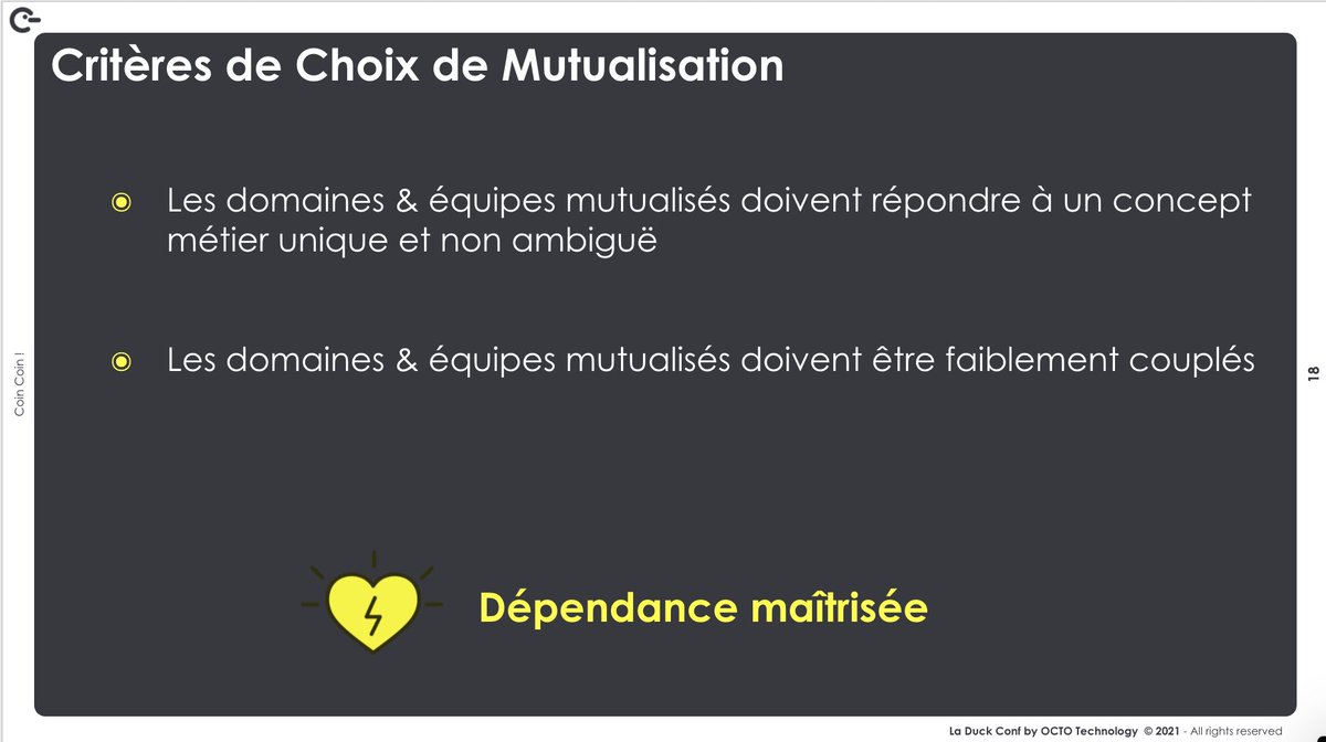 OCTOTechnology's tweet image. [#LeComptoir] 3e critère : Les domaines et les équipes mutualisés doivent être faiblement couplés ! 

💫 Cela permet de  garantir une meilleur evolutivité et modularité au niveau de mon architecture et organisation. 

#OCTOEvents