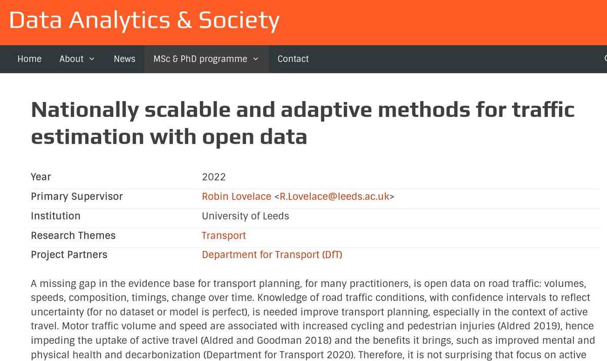 Robin Lovelace @robinlovelace@fosstodon.org (@robinlovelace) on Twitter photo Funded #PhD at <a href="/ITSLeeds/">Institute for Transport Studies at Leeds</a> in collaboration with <a href="/transportgovuk/">Department for Transport</a> just advertised 🎉
Topic: methods to estimate road traffic, including volumes +speeds, focussing on residential areas to inform walking and cycling policies. Spread the word 📢 Funded #PhD at <a href="/ITSLeeds/">Institute for Transport Studies at Leeds</a> in collaboration with <a href="/transportgovuk/">Department for Transport</a> just advertised 🎉
Topic: methods to estimate road traffic, including volumes +speeds, focussing on residential areas to inform walking and cycling policies. Spread the word 📢