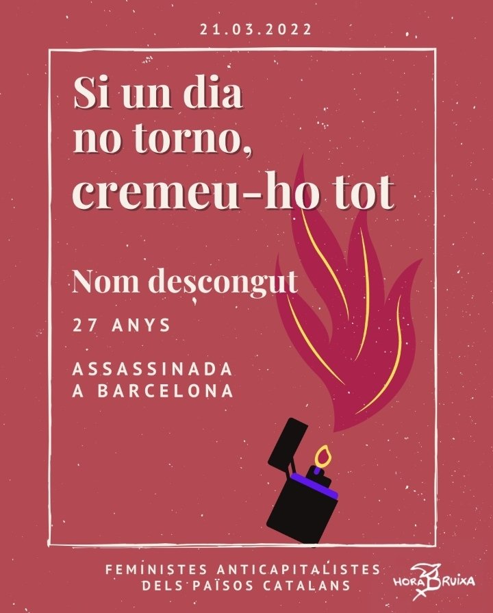 HoraBruixaStc's tweet photo. 🔥Avui ens despertem amb una dona més assassinada en mans de la violència masclista!🔥

El masclisme ens MATA. No són morts aïllades, són FEMINICIDIS!
[👇🏾👇🏾] https://t.co/fJguCnags5