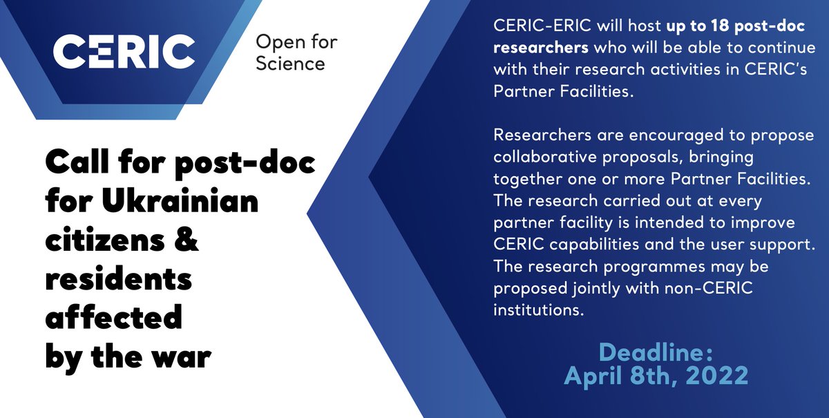 CERICnews's tweet photo. For solidarity w the Ukrainian population, CERIC will host up to 18 post-doc researchers to continue w their research activities in our Partner Facilities.
Research programmes may be proposed jointly w non-CERIC institutions.
Application deadline: 8 April >https://t.co/cZBmrBcrbc https://t.co/gdLlFqc6sp