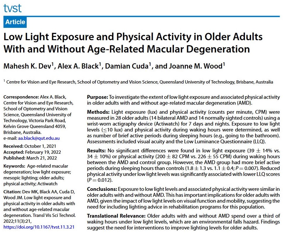 MaheshKumarDev's tweet photo. Just published - second from my PhD work.
#Low_luminance_vision_and_function
Exposure to low light levels and associated physical activity are similar in older adults with and without AMD. #Falls_Risk_factors #Need_for_interventions_to_improve_lighting_levels_for_older_adults https://t.co/PqDpr6G2tQ