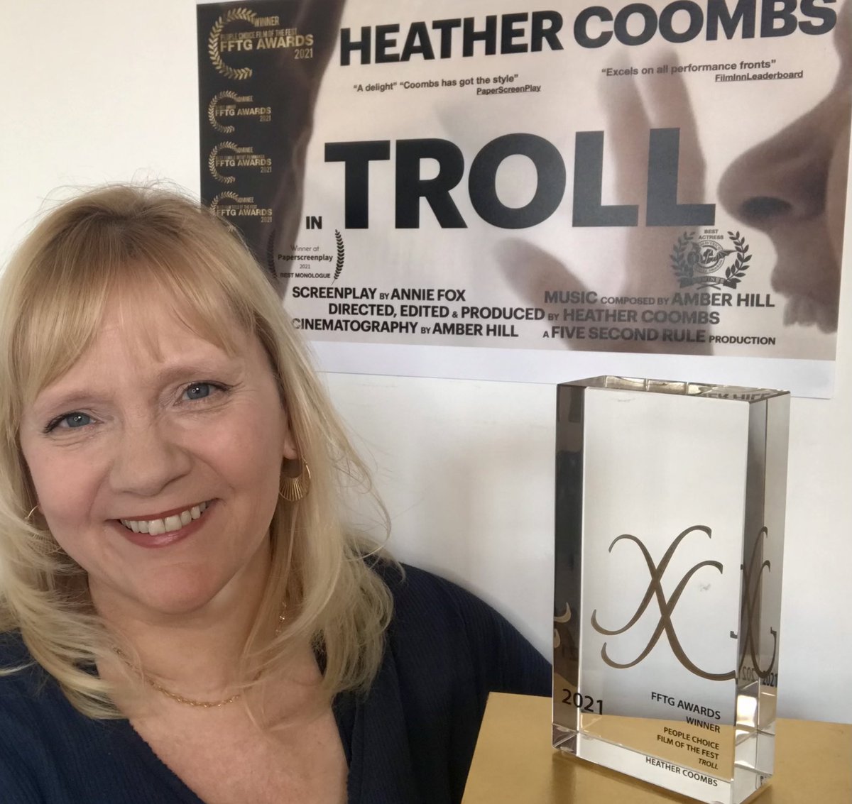 CoombsHeather's tweet photo. Huge thanks @FftgAwards for this beautiful Award so wonderfully presented. To @anniekathfox for her fabulous script. To my gorgeous team. To everyone who watched &amp; voted. Just #ThankYou xx #filmmaker #fftgaward  #actress #director https://t.co/KuJ91wBZyy