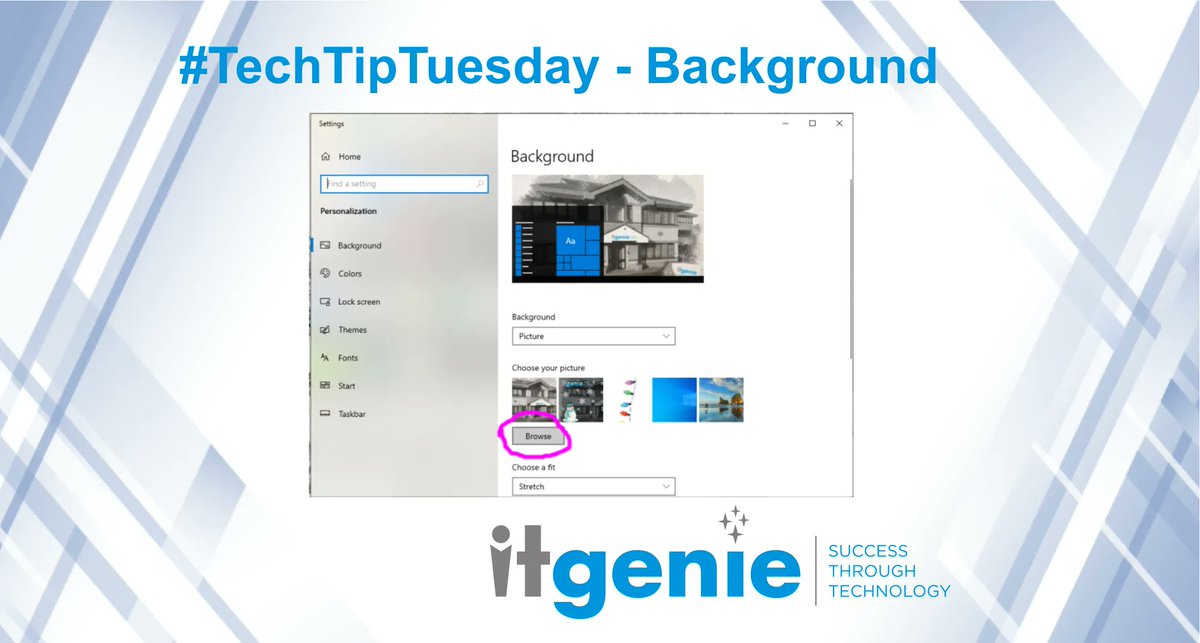 IT_Genie's tweet photo. #TechTipTuesday - Beautify your desktop with a custom background - right-click on your desktop and select "Personalize" and then choose either a different colour, browse and choose a picture or select a folder for a slideshow of images https://t.co/vx4oVGxmOK