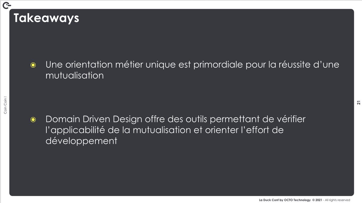 OCTOTechnology's tweet image. [#LeComptoir] Que retenir de ce comptoir  ? 

👉 Une orientation métier unique est primordiale  
👉 Le Domain Driven Design offre des outils permettant de vérifier l&apos;applicabilité de la mutualisation et orienter l&apos;effort de #développement 

#OCTOEvents