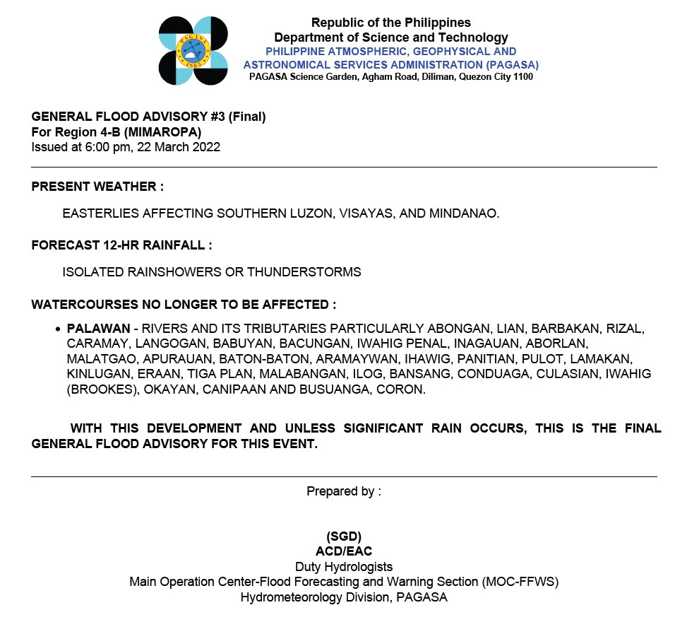 dost_pagasa's tweet photo. General Flood Advisories (GFAs)
Issued @ 6PM, 22 March 2022
Region 4B (MIMAROPA) -#GFA3
Region 9 (Zamboanga Peninsula) - #GFA5 https://t.co/jASyfbquNQ