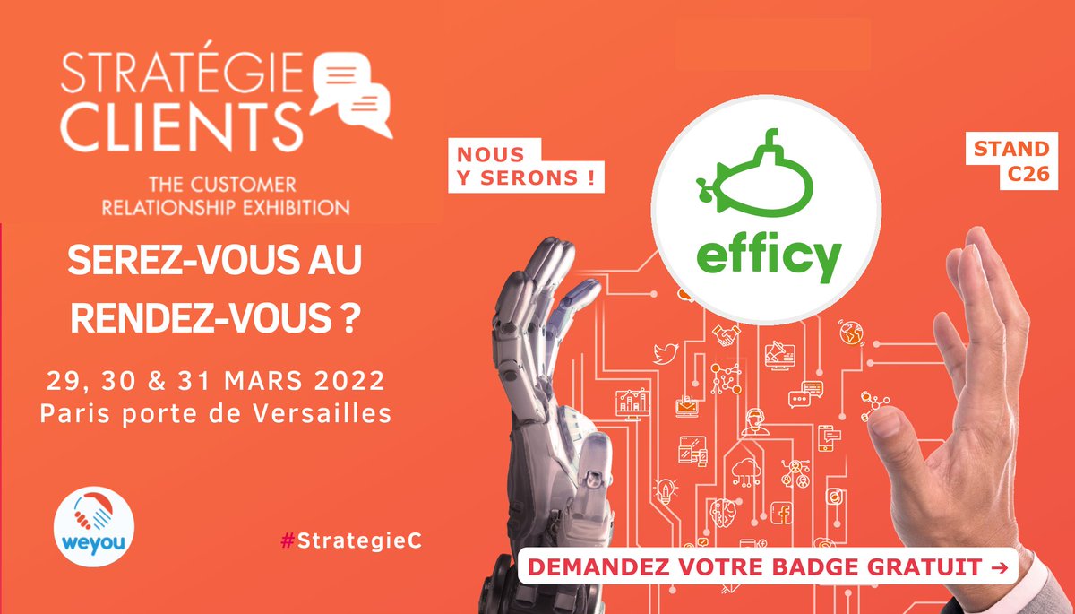 Nous sommes ravis de participer à Stratégie Clients, qui aura lieu les 29, 30 et 31 mars au salon de La Relation Clients.

Venez nous rencontrer sur notre stand pour parler #Marketing et #CRM. 

Obtenez votre accès gratuit 👉 bit.ly/3irXVeQ

#stratégie #relationclient