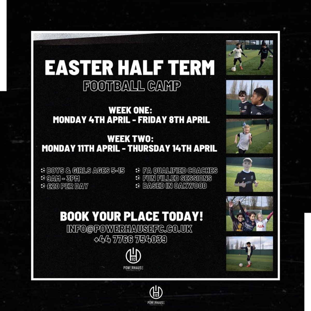 PowerhauseAcad's tweet photo. EASTER HALF TERM FOOTBALL CAMP ⛺️ 

Join us over your Easter break to experience fun filled sessions including: technical training, matches and football-based classroom sessions throughout the week. 

BOOK YOUR PLACE TODAY❗️

#WeArePHA 💚 https://t.co/OsoyMTapt8
