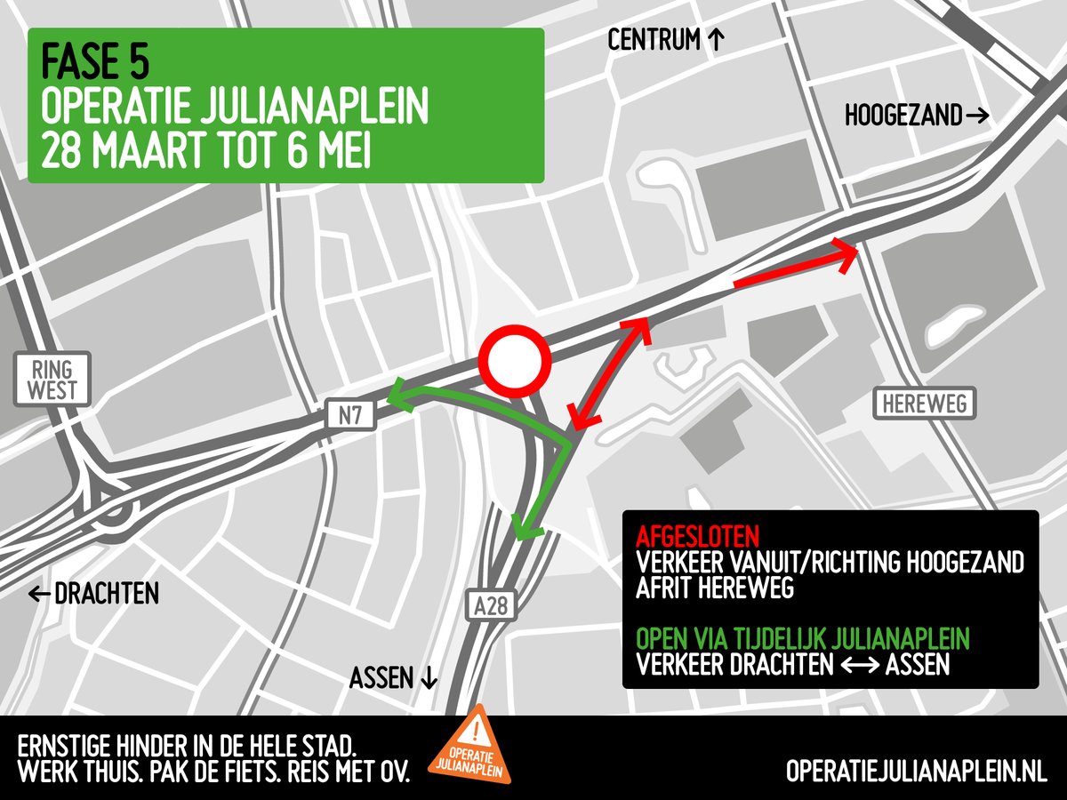 GronBereikbaar's tweet photo. Maandag 28 maart start 𝗳𝗮𝘀𝗲 𝟱 van #OperatieJulianaplein. Tijdens deze fase zijn op het Julianaplein alleen de rijbanen tussen Drachten en Assen open.

Lees meer: https://t.co/VovqY3RFSR https://t.co/ykYpcDXKad