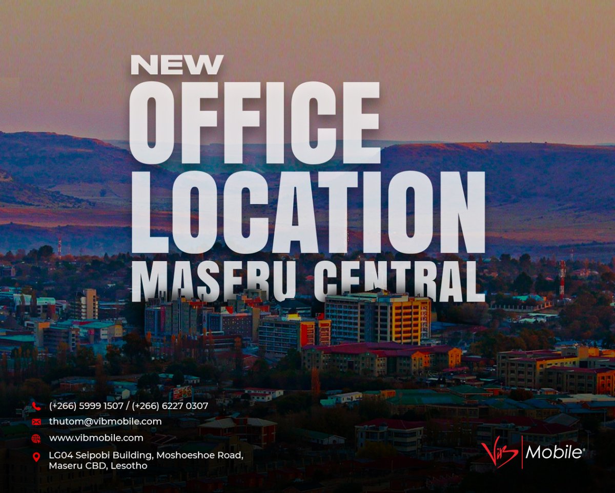 ViBMobileLs's tweet photo. 📍 Re mo! In the heart of it all - new office in Maseru Central! 🤩
#ViBMobile #vibmobilelesotho #LetsViBe https://t.co/We6GB7n4UY