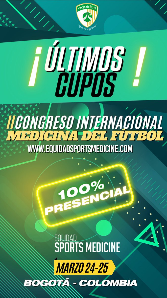 2do Congreso Internacional Medicina del Fútbol !De la Evidencia Científica al Mundo Real! Presencial 🗓 Marzo 24-25/2022 📍Bogotá, Colombia 🇨🇴 Lugar: @Equidadfutbol Toda la información aquí 👉🏻equidadsportsmedicine.com Inscripciones abiertas @EquidadSportsMD últimos cupos 🚨