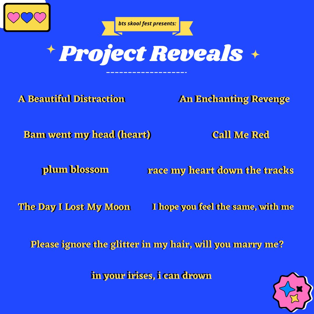 We have a total of 10 year-end projects submitted by BTS Skool Fest's graduating class of 2022! At 9 PM KST today, fics will be revealed every ten minutes, so please look out for them 💙