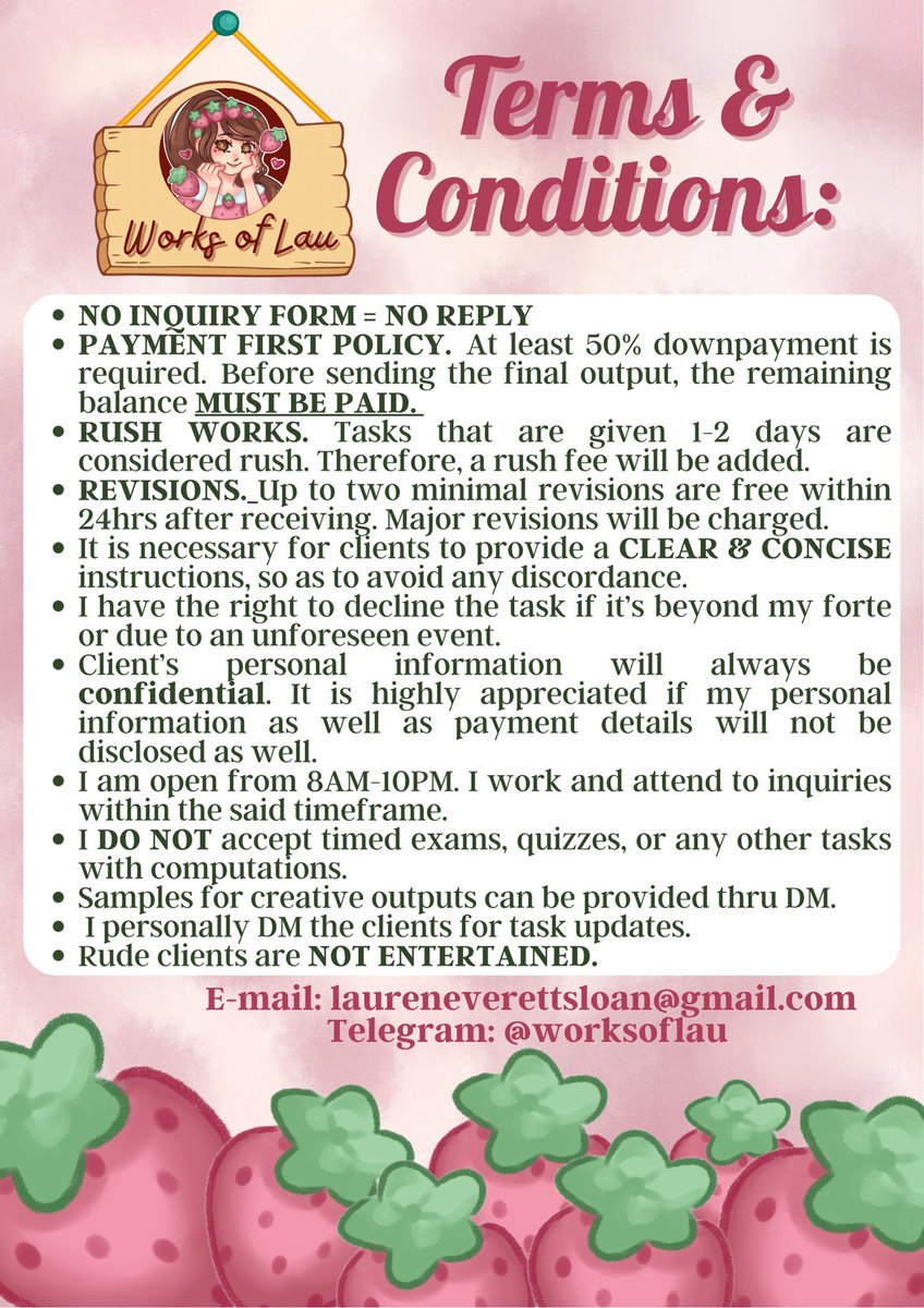 🍓— best way to get things done is to simply begin.  ପ(๑•ᴗ•๑)ଓ 

˗ˏˋ for more information, feel free to check out my commsheet to know more about me &amp; my services >< kindly fill up the inquiry form for ur inquiries, tysm! ´ˎ˗

⇢ ˗ˏˋ for proofs &amp; feedbacks: #proofoflau ࿐ྂ