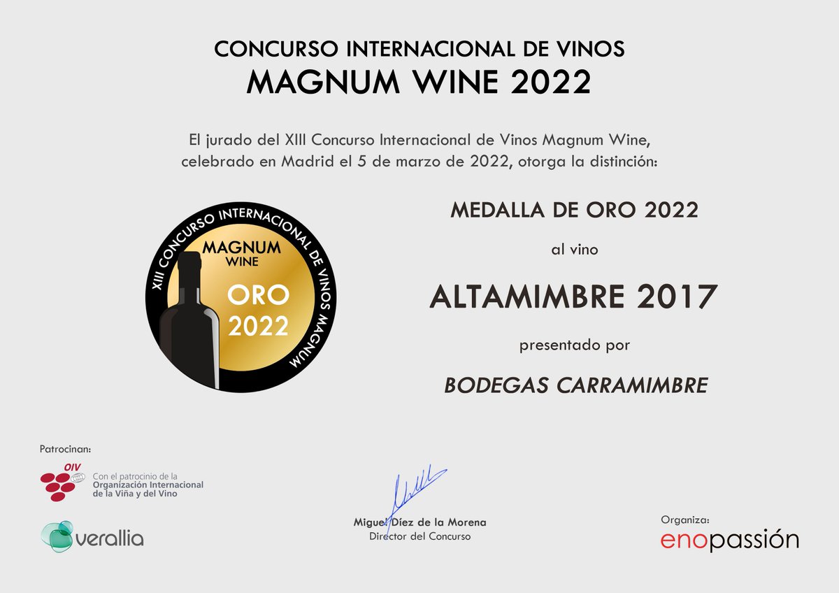 Bodegas Carramimbre tiene el placer de informaros que hemos sido premiados  con la 🏅 Medalla de Oro en el Concurso Internacional de vinos 🍷 Magnum Wine 2022, por nuestro Magnum de Altamimbre 2017. 

#MagnumWine2022 #Altamimbre #Carramibre #BodegasCarramimbre