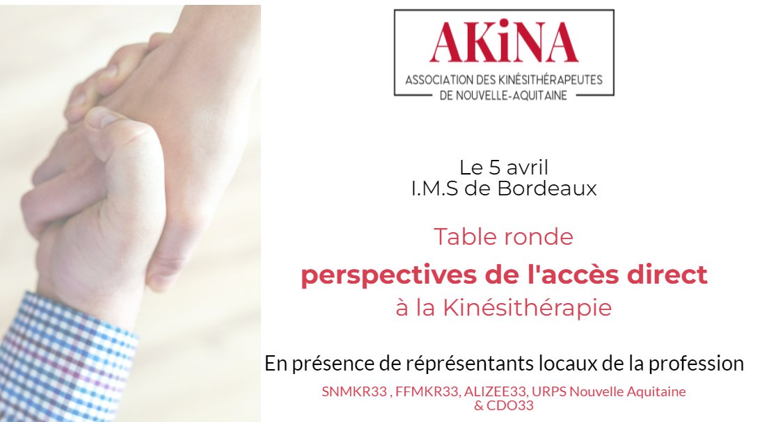 AssoAkina's tweet photo. 🎺🎺 Les Néo-aquitains/aquitainnes, le 5 avril c'est table ronde sur l'accès direct, avec des acteurs locaux de la profession (Syndicats, URPS, Ordre) 👌Présentiel uniquement. https://t.co/k8XDSEUuNf