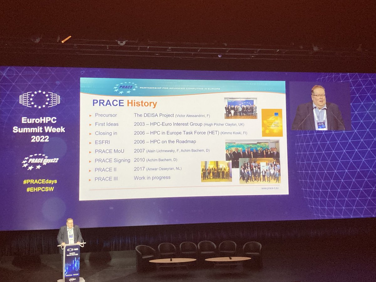 Genci_fr's tweet photo. Janne Ignatius, Chairman of @PRACE_RI remind us the importance of history before drawing new lines with #Prace3 #EHPCSW2022 #Science #HPCQAI https://t.co/yn3DNrmUzT