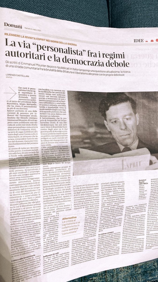 Qualche riflessione sul personalismo e sul volume di Mounier Rivoluzione personalista e comunitaria edito da <a href="/EdComunita/">Edizioni di Comunità</a>. Grazie a <a href="/DomaniGiornale/">Domani</a> per l’ospitalità.