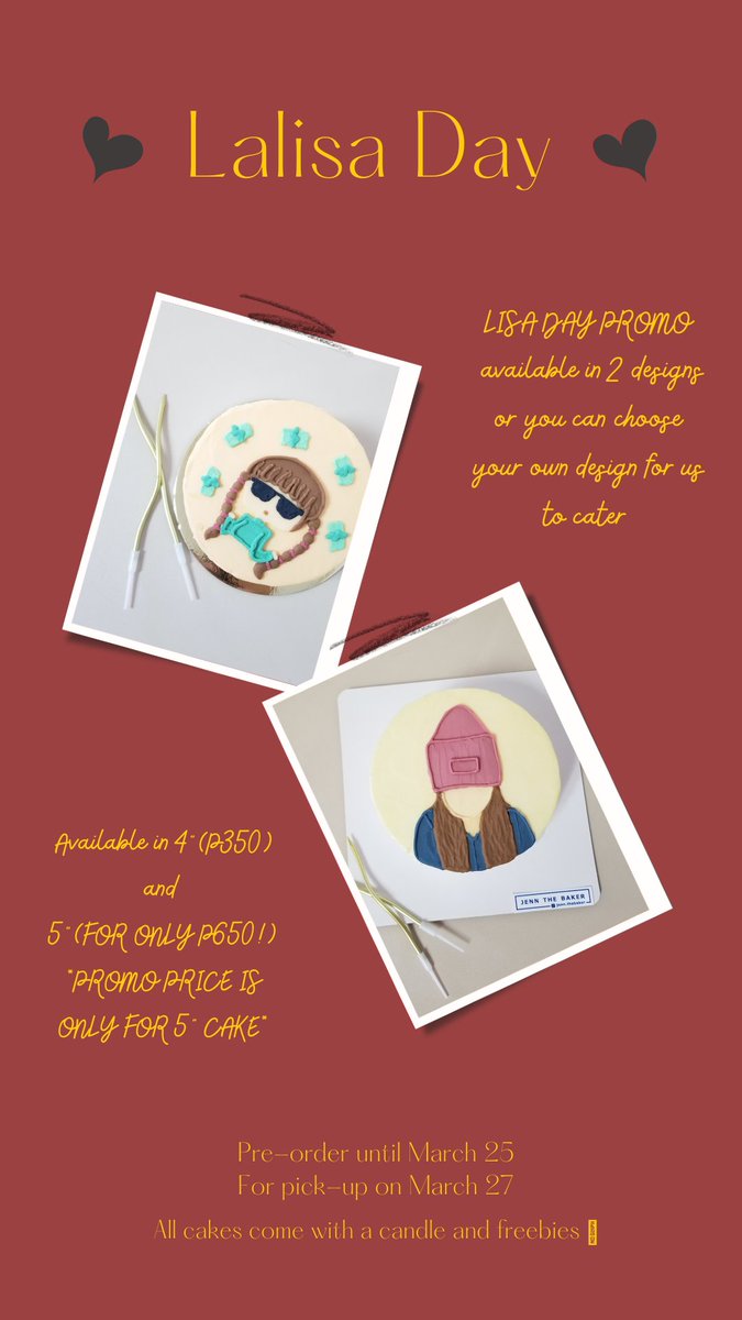 tatakookiess's tweet photo. Hi! For any blinks out there, we're selling cakes for Lisa Manoban's bday!! 🥳

We have a limited promo price if you order our 5" cakes inclusive of freebies 😊 Hope that you can help out our small business thank you so much 💛

we are accepting until the 25th!! (PH only 🇵🇭) https://t.co/p5b57OGHeS