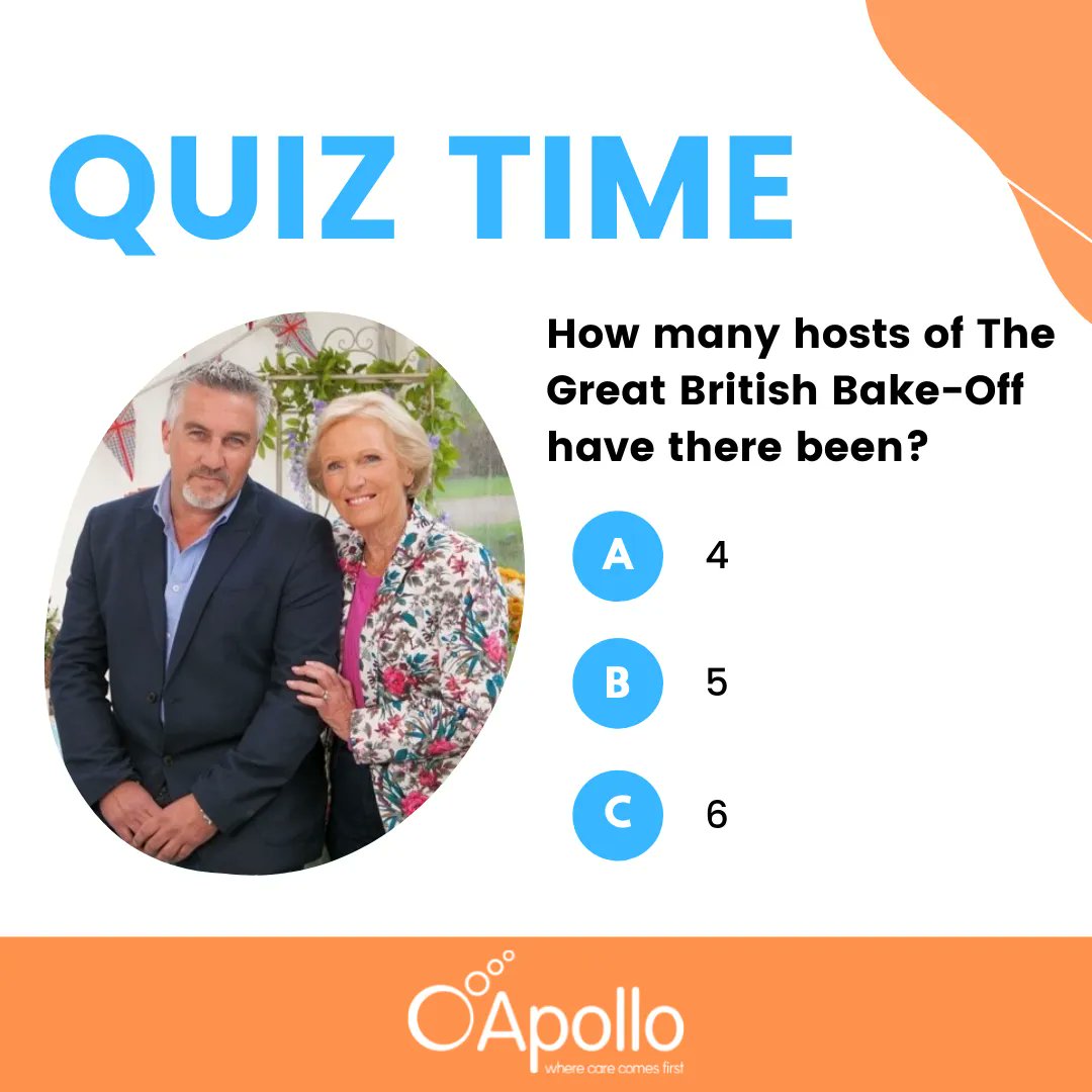 QUIZ TIME! 🌟

We've got a question about one of the nation's best-loved competitions today... 

Bake-Off! 🎂

How many hosts of The Great British Bake-Off have there been?

If you're a member of one of our care teams, make sure to ask some of your clients this question! 👇