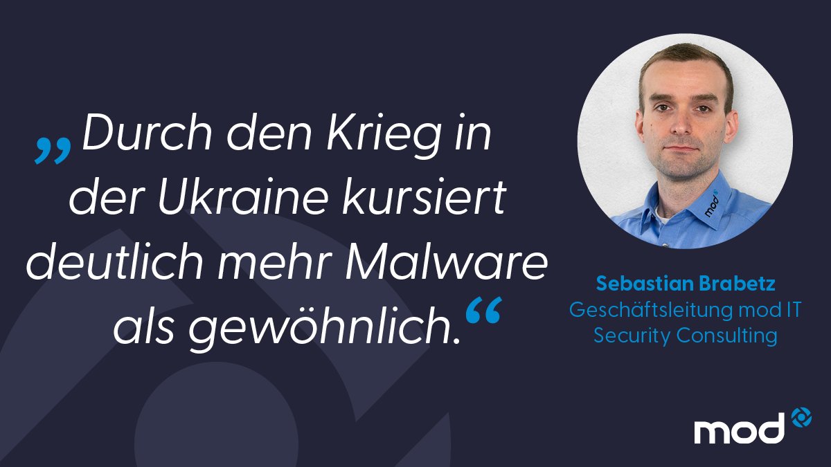 GmbhMod's tweet photo. Durch Krieg gegen die Ukraine steigt die Bedrohung für die #ITSicherheit. #Ransomware-Gruppen und Kriminelle agieren zum Teil Hand in Hand mit staatlichen #Hackern.#modIT bietet integrierte IT-Sicherheitsleistungen vom #Schwachstellenmanagement bis hin zur Incident Response. https://t.co/dzpBXgHUz2