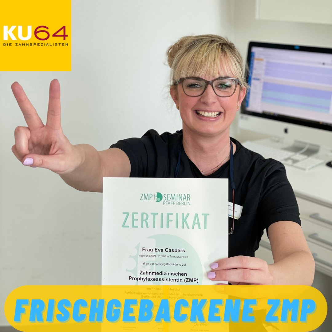 KU64Zahnarzt's tweet photo. (1/2)
GLÜCKWUNSCH LIEBE EVA!
Unsere Mitarbeiterin Eva Caspers hat vor einigen Wochen Ihre ZMP-Prüfung (#Aufsteigsfortbildung zur #Prophylaxeassistentin) erfolgreich bestanden, jetzt ist auch das #Zertifikat vom #PhilippPfaffInstitut (#PPI) da. SUPER GEMACHT! https://t.co/3Qinw1zwWV