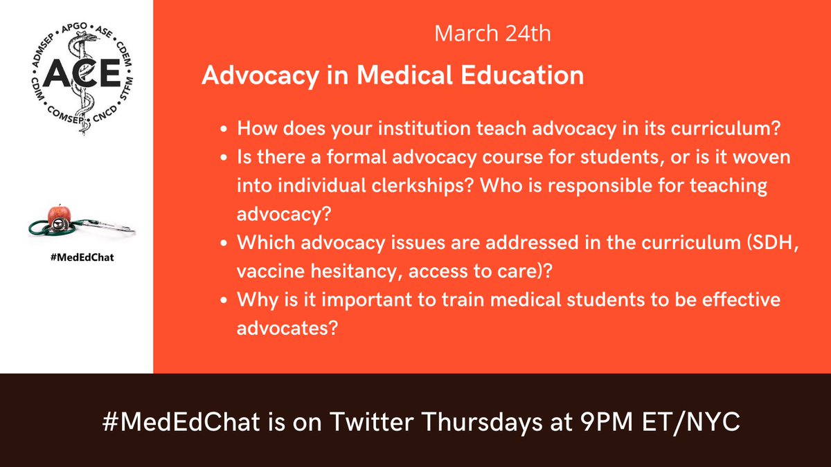 Don't forget to join #MedEdChat tonight to share how you teach students about how to be an advocate!

9 PM ET/NYC!

#meded