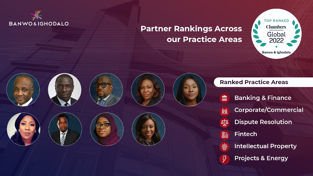 BanwoIghodalo's tweet photo. Banwo & Ighodalo is pleased to have been ranked a leading firm by Chambers Global 2022 and also received 9 individual rankings across 6 main practice areas in the Chambers & Partners Global Guide 2022
#ChambersandPartners2022 #ExcellentMinds #ExcellentSolutions #BanwoandIghodalo https://t.co/dnX8uJQ9Gy