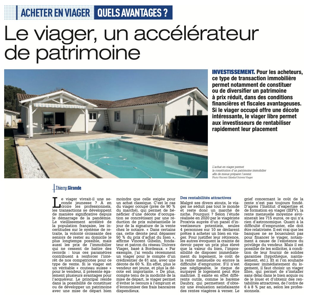 universviager's tweet photo. 🖊 Nouvel article dans le journal Sud-Ouest.

Un grand merci à Thierry Gironde pour avoir fait appel à l'expertise de Vincent Gibelin pour ce nouveau dossier sur le Viager ! 

#viager #presse #immobilier #bordeaux #investissement https://t.co/NPEUA6VrNs