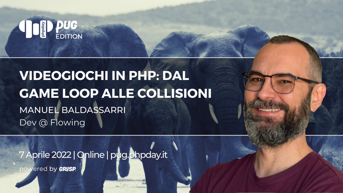 grusp's tweet photo. Manuel Baldassarri @k3a presenterà il talk "Videogiochi in PHP 👾: dal game loop alle collisioni" durante il #phpdayPUGedition
📅 7 Aprile 2022 - Online
Registrati gratuitamente 🎫 https://t.co/rlQ4ti27rg
@phpday #php #phpday #free #phpdayPUGed https://t.co/5LFvV6m9xJ