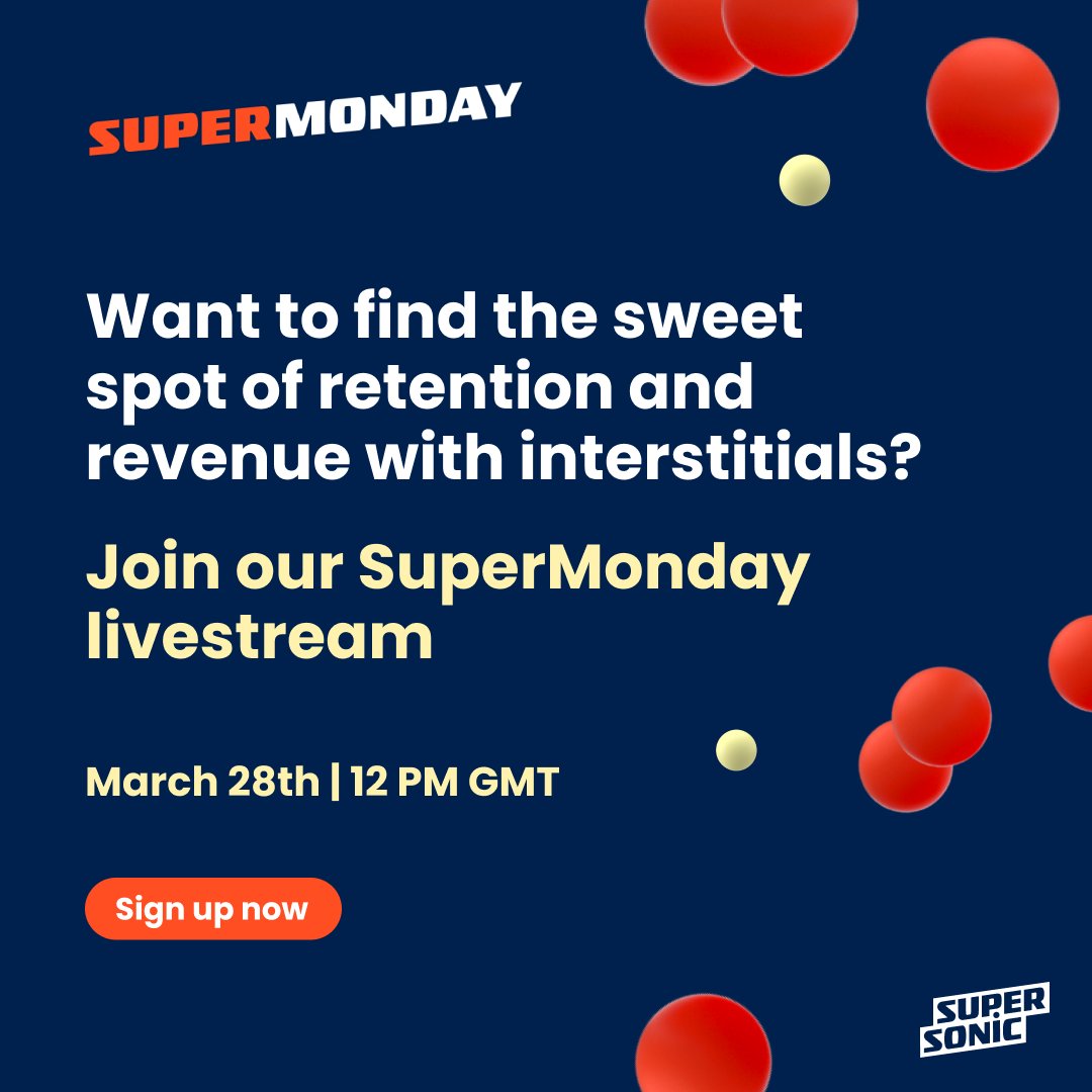 playsupersonic's tweet photo. We’re hosting a SuperMonday livestream all about building and optimizing an interstitial ad strategy that hits that sweet spot of maximizing revenue without compromising retention 🔥

Sign up here: https://t.co/Iu1Mcr0rZT

#hypercasual #hypercasualgames #supersonic #gamedeveloper https://t.co/dhvuzzfRNF
