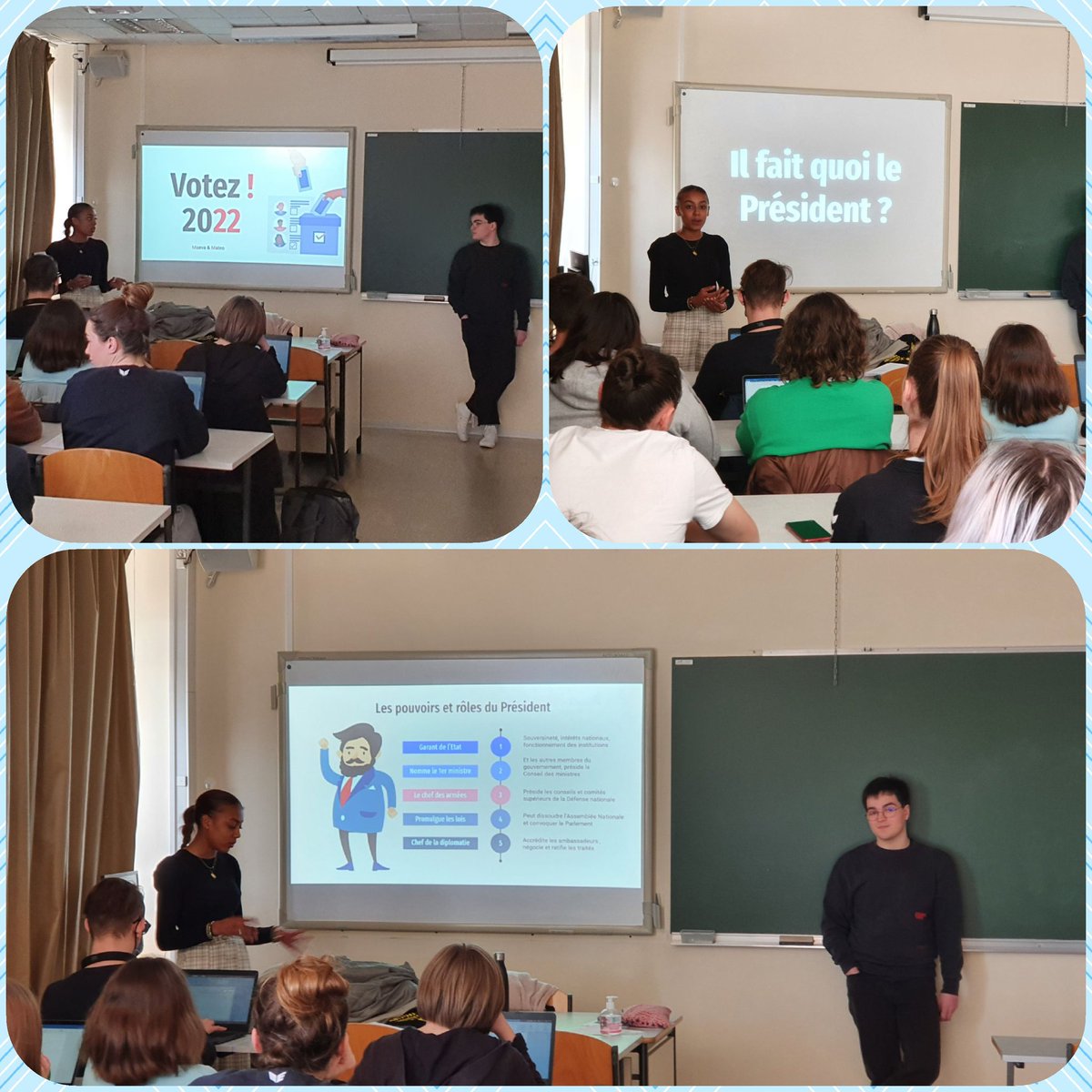 VirginieTesta's tweet photo. Maéva et Matéo des élèves de Sciences politiques interviennent au lycée Schuré auprès des classes de terminales autour de l'engagement citoyen et de l'intérêt d'aller #VOTER #EMC #electionpresidentielle2022 🙏 https://t.co/nPEXHGtk6B
