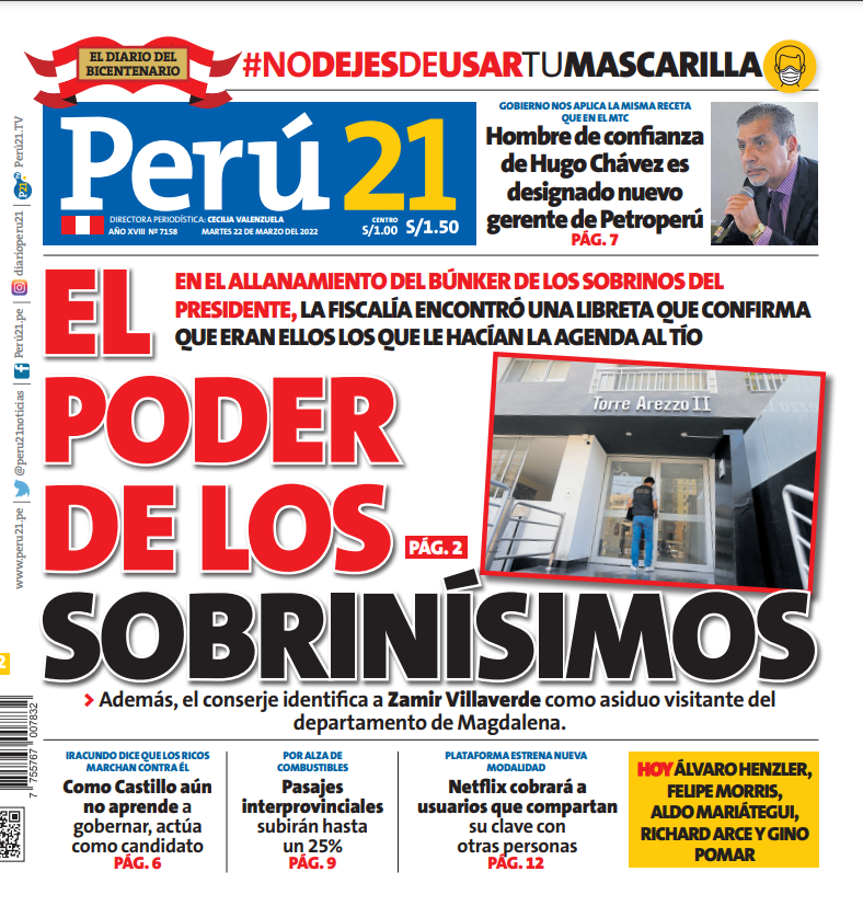peru21noticias's tweet photo. 🔴 EL PODER DE LOS SOBRINÍSIMOS  

📌 Esta es nuestra portada impresa de hoy, 22 de marzo de 2022

📌 No dejes de revisar la edición web de Perú21 https://t.co/QcRIqHPyUs