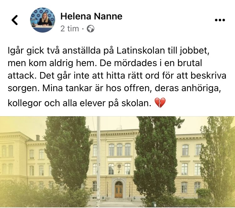 Malmö är i sorg.
Våra tankar går till offren, deras anhöriga, kollegor och alla elever på skolan.