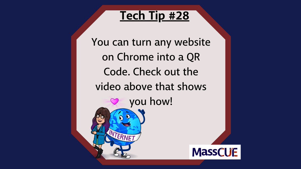 MassCUE's tweet photo. You can turn any website on Chrome into a QR Code. Check out the video to see how! https://t.co/XJmKiAsXkA #TechTipTuesday #EdTech #Google #Chrome #DRCode @MrsErinFisher @PadulaJohn @ferro_shelly @gusgottateach @cterrillteach @HallsHomework @DrTGreene https://t.co/EHiLNFHvm0