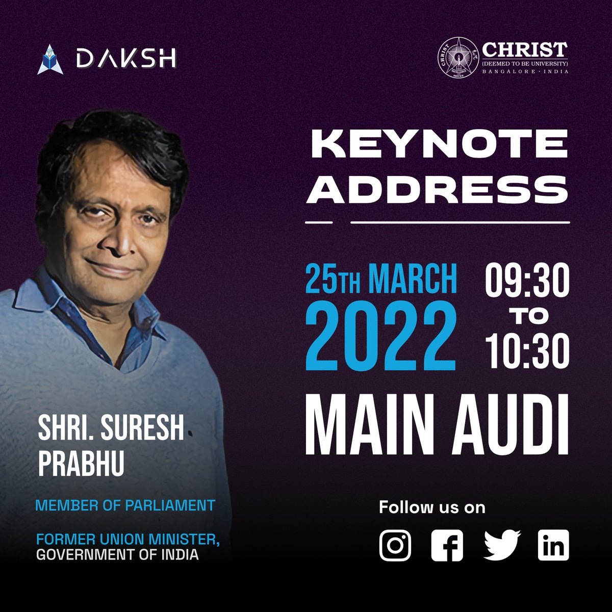 dakshedufair's tweet photo. We bring to you the inaugural address of DAKSH 2022 by Shri Suresh Prabhu, a parliamentarian of action who has achieved extraordinary results through his leadership. 

Join us live on YouTube: https://t.co/9EPK1qNgQy https://t.co/aMnOiLSGQX