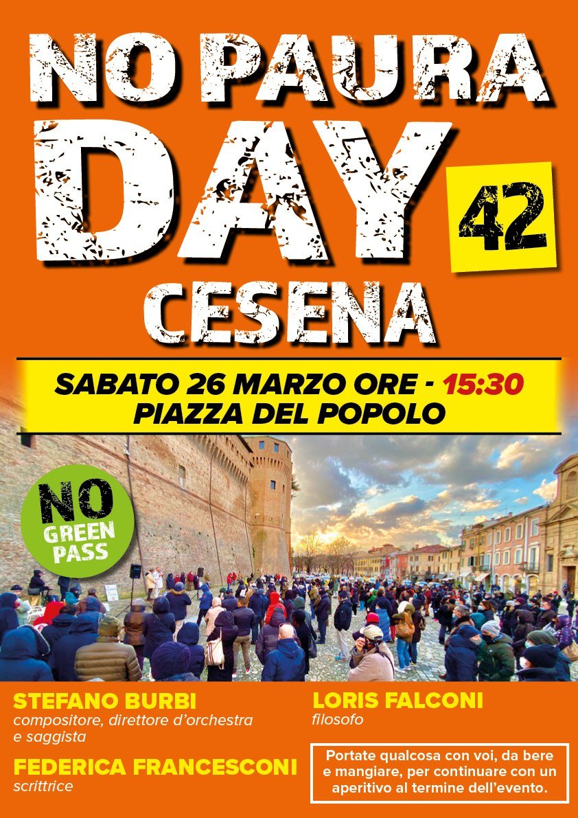 DayPaura's tweet photo. No Paura Day Cesena 42
Sabato 26 marzo ore 15:30

#NoPauraDay
#NoGreenPass https://t.co/6CxORmx7lu